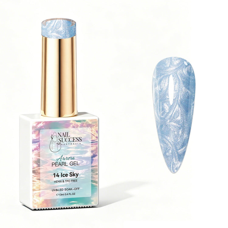 Ice Sky Aurora Pearl Gel Polish with pale blue pearl shimmer swatch and glossy nail finish