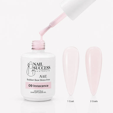 Innocence Rubber Base Gel - open bottle with brush and swatches