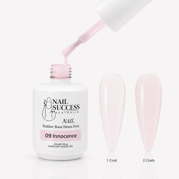 Innocence Rubber Base Gel - open bottle with brush and swatches