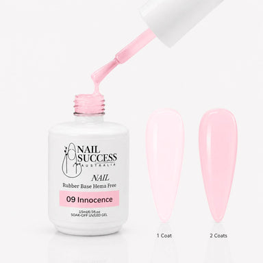 Innocence Rubber Base Gel - open bottle with brush and swatches