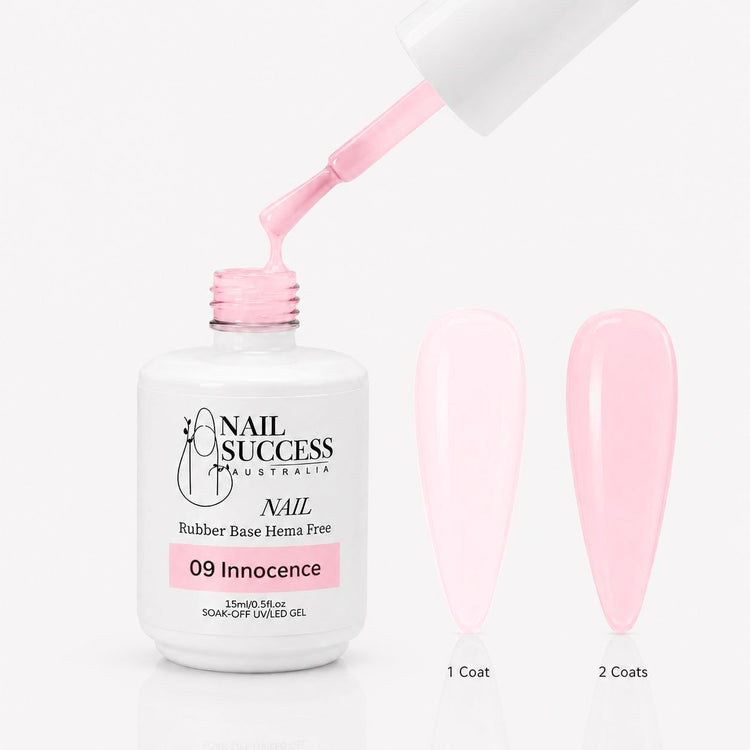 Innocence Rubber Base Gel - open bottle with brush and swatches