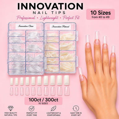 Innovation nail tips in clear and natural, 10 sizes from 0 to 9, in 100ct and 300ct trays
