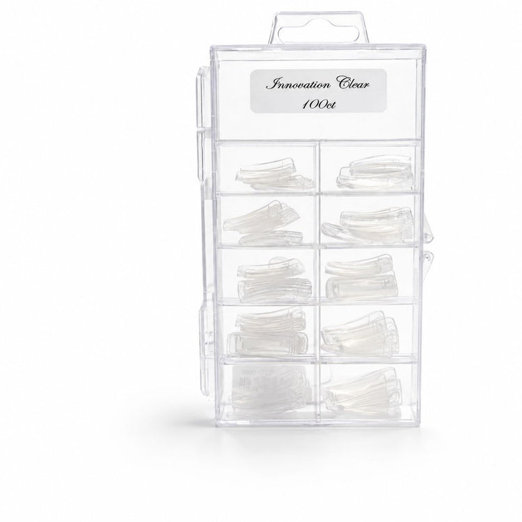 NSI Innovation Clear Nail Tips 100ct storage case with clear tips sorted by size