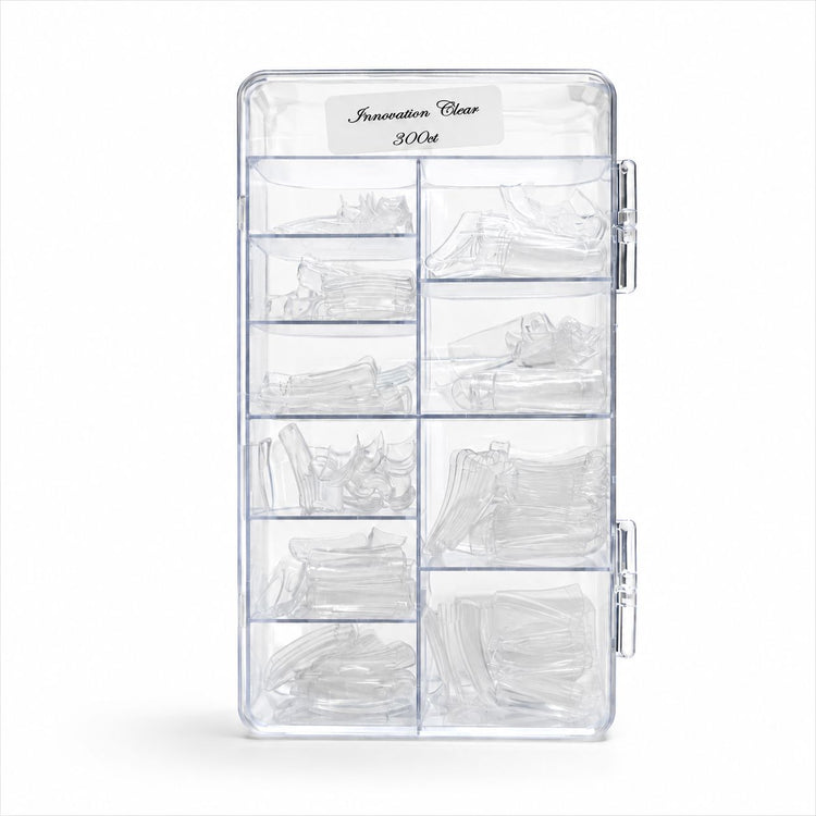 NSI Innovation Clear Nail Tips 300ct storage case with clear tips sorted by size
