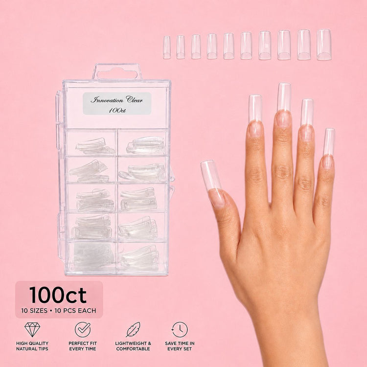 NSI Innovation Clear Nail Tips 100ct case, 10 sizes with 10 pieces each, hand wearing clear square tips