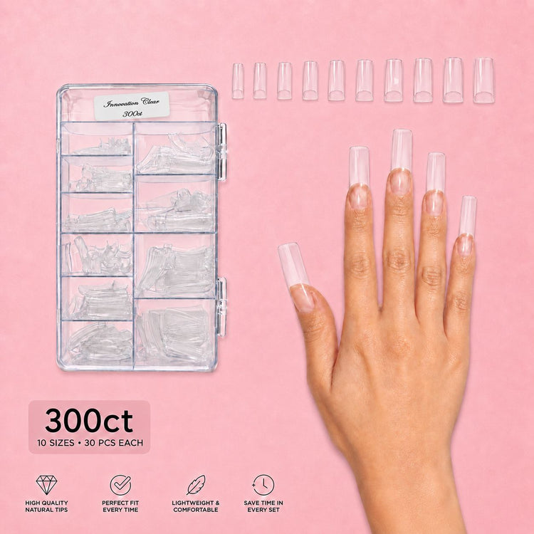 NSI Innovation Clear Nail Tips 300ct case, 10 sizes with 30 pieces each, hand wearing clear tips