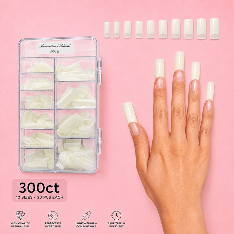 NSI Innovation Natural Nail Tips 300ct case, 10 sizes with 30 pieces each, hand wearing natural tips