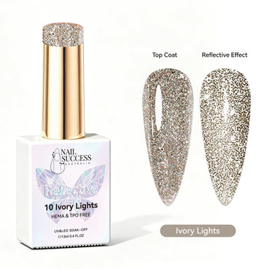 Nail Success Australia Ivory Lights reflective glitter gel polish with top coat and reflective effect swatches