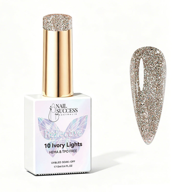 Nail Success Australia Ivory Lights reflective glitter gel polish bottle with glossy ivory nail colour swatch