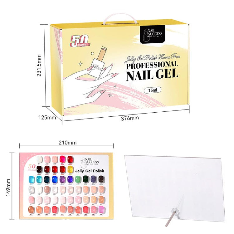 Nail Success Jelly Gel Polish HEMA-free 15ml professional nail gel kit – 50 colour set gift box and swatch display board with dimensions.