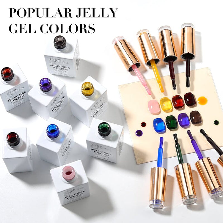 Popular jelly gel polish colours – open Nail Success HEMA-free 15ml bottles with colourful swatches on display.