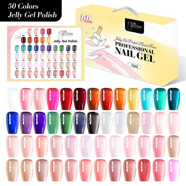 Nail Success Jelly Gel Polish — 50 colours, HEMA-free 15ml, swatch chart from nudes to brights — NSI Australia