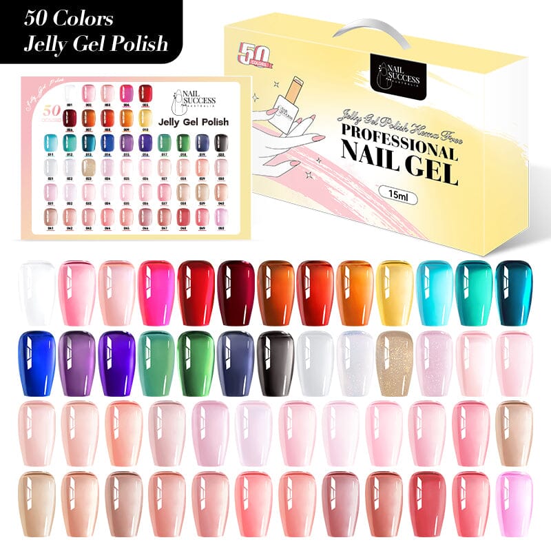Nail Success Jelly Gel Polish — 50 colours, HEMA-free 15ml, swatch chart from nudes to brights — NSI Australia