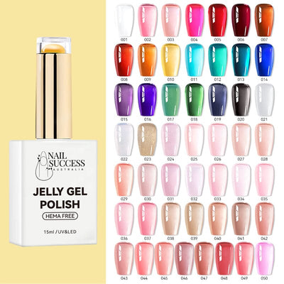 Nail Success Jelly Gel Polish HEMA-free 15ml bottle with 50 jelly gel polish colour swatches chart for UV/LED nails.