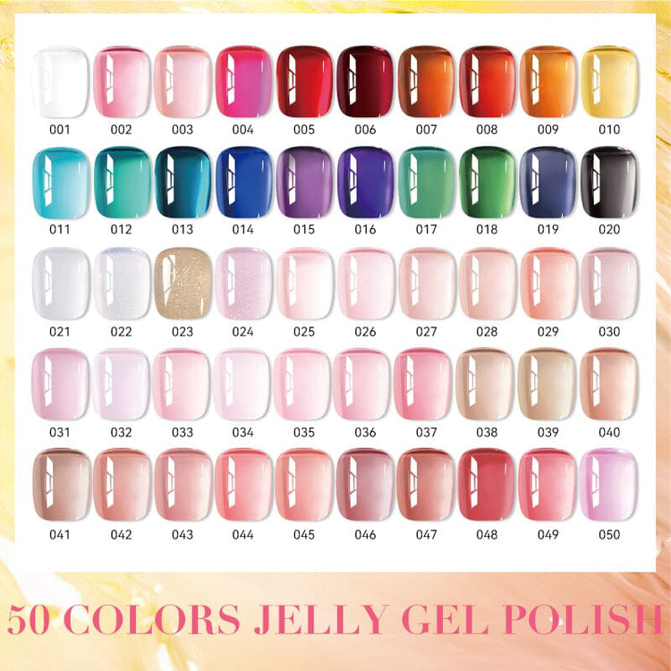 50 colours jelly gel polish swatch chart – Nail Success HEMA-free translucent gel nail polish shades 001–050.