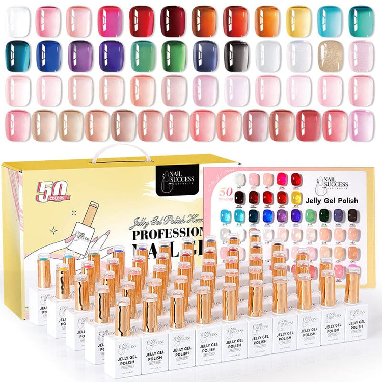 Nail Success Jelly Gel Polish collection kit – 50 HEMA-free 15ml colours professional gel nail polish set with swatches and display box.