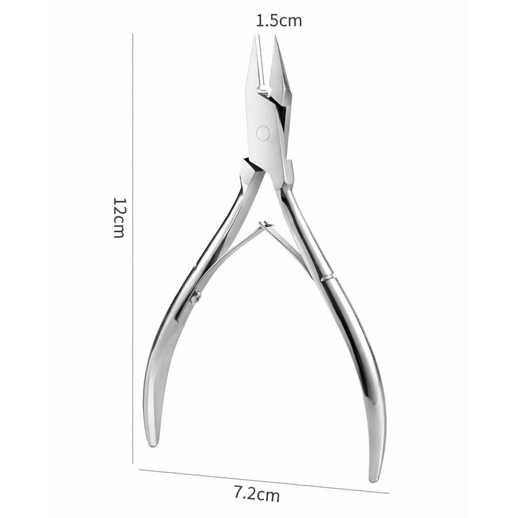 Large silver double-spring nail nipper with angled blades, 12 cm long with a 1.5 cm jaw and 7.2 cm handle span