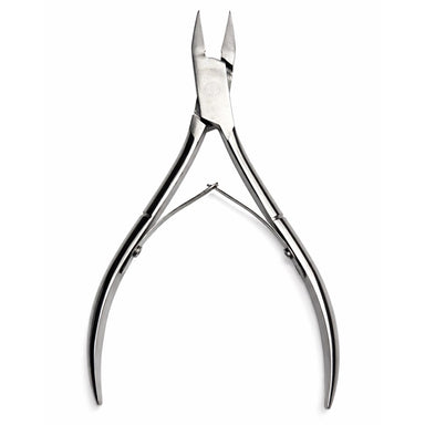 Large silver double-spring nail nipper with open straight blades and curved handles