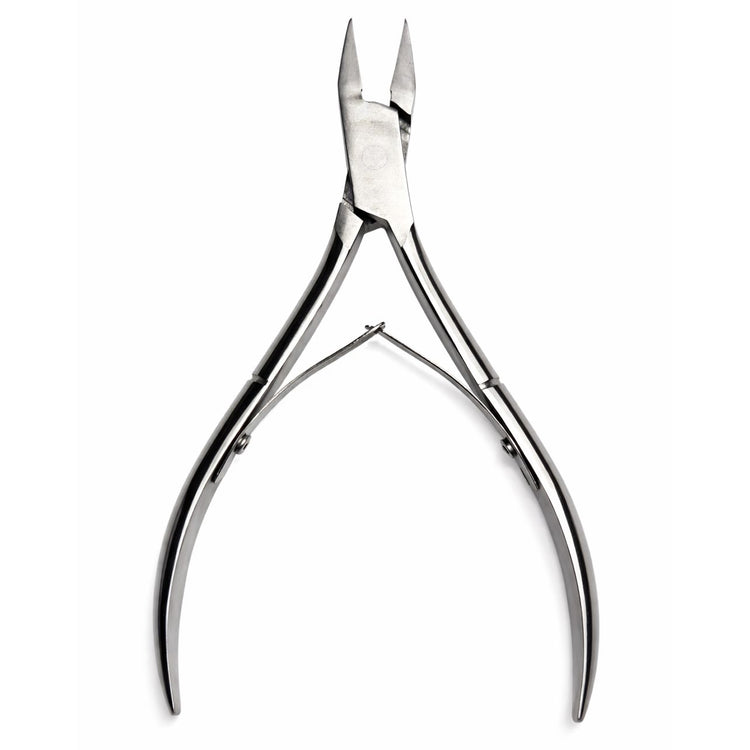 Large silver double-spring nail nipper with open straight blades and curved handles