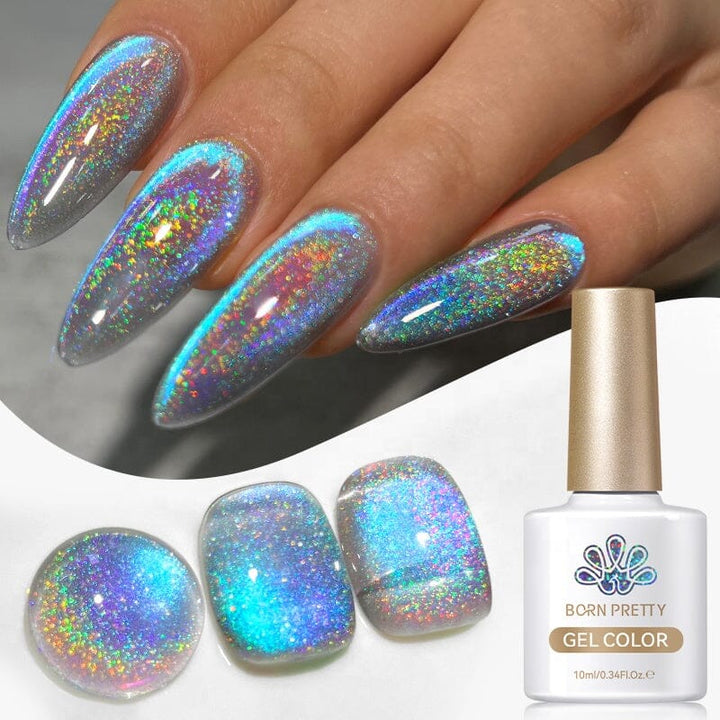 Born Pretty Laser Cat Eye magnetic gel polish — holographic rainbow cat-eye effect on long almond nails with clear base; 10ml UV/LED soak-off