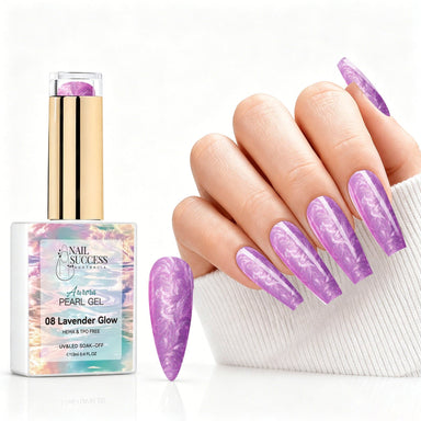 Lavender Glow aurora pearl gel polish with lavender purple pearl shimmer swatch and matching manicure for HEMA and TPO free salon nails