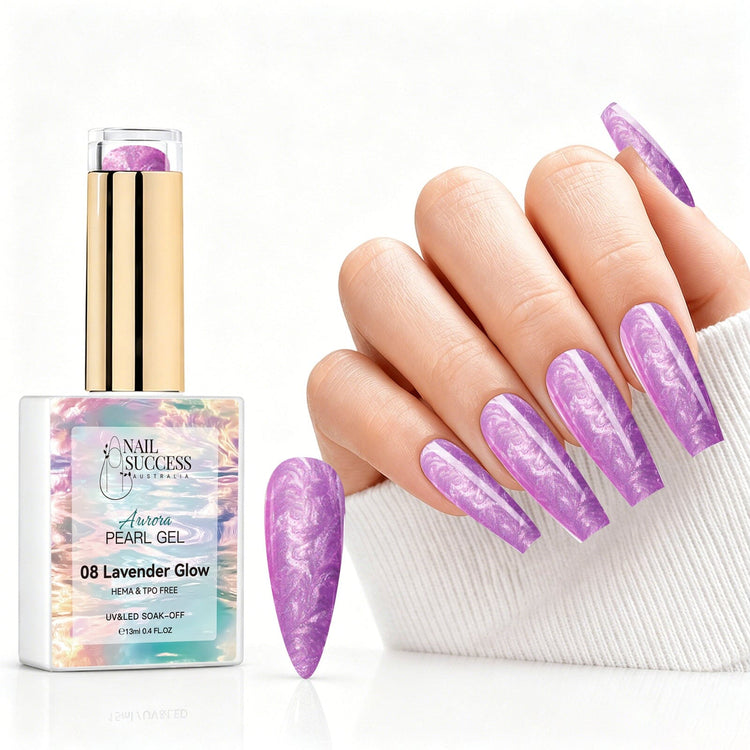 Lavender Glow aurora pearl gel polish with lavender purple pearl shimmer swatch and matching manicure for HEMA and TPO free salon nails