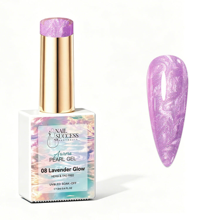 Lavender Glow Aurora Pearl Gel Polish with lavender purple pearl shimmer swatch and glossy nail finish