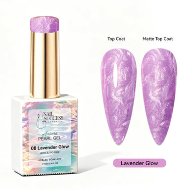 Lavender Glow Aurora Pearl Gel Polish with lavender purple pearl shimmer swatches in top coat and matte finish
