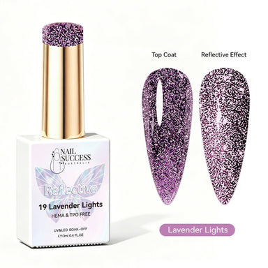 Nail Success Australia Lavender Lights reflective glitter gel polish with top coat and reflective effect swatches