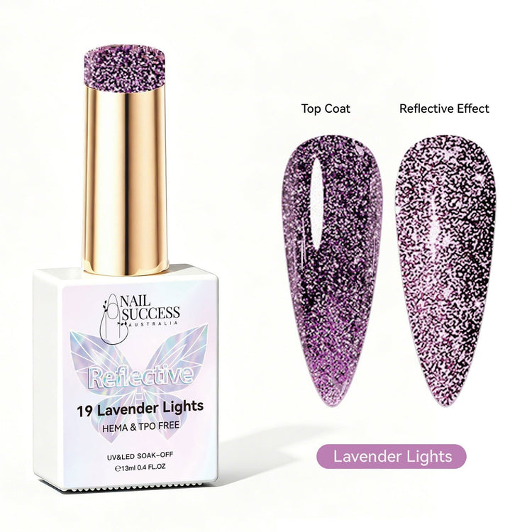 Nail Success Australia Lavender Lights reflective glitter gel polish with top coat and reflective effect swatches