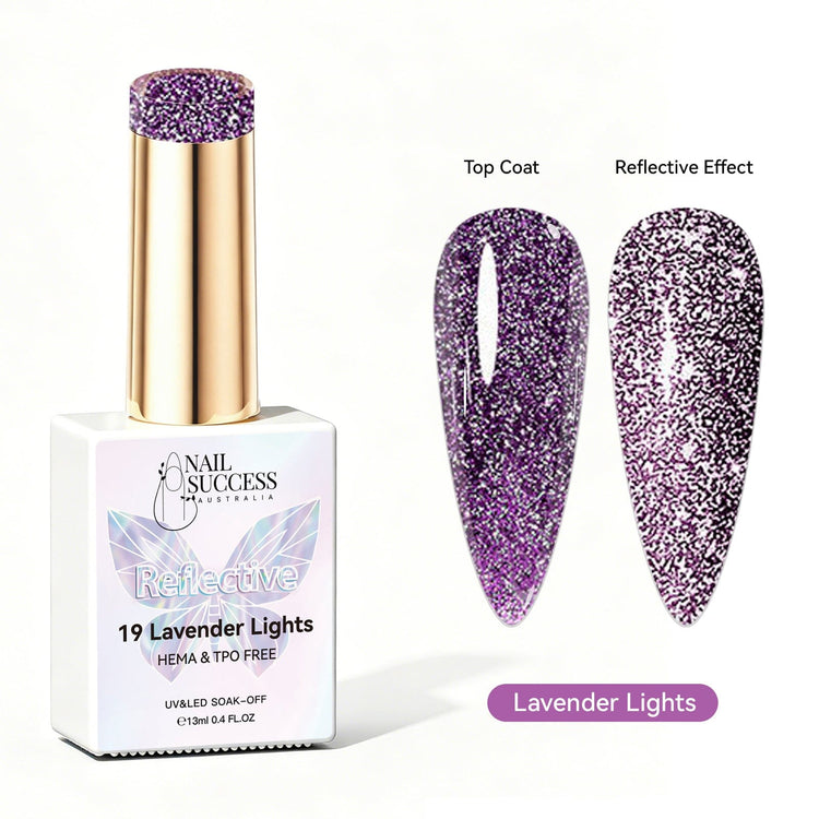 Nail Success Australia Lavender Lights reflective glitter gel polish with top coat and reflective effect swatches