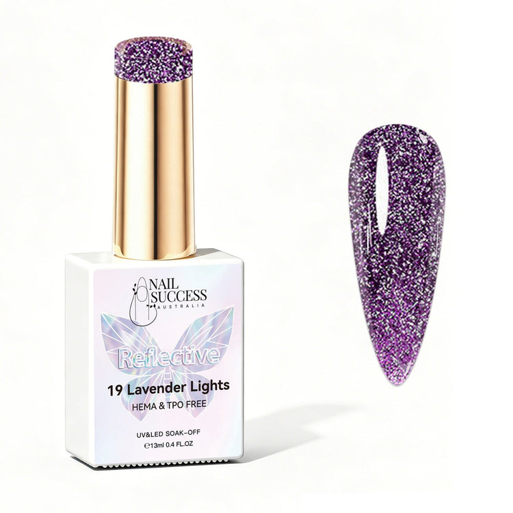 Nail Success Australia Lavender Lights reflective glitter gel polish bottle with glossy purple nail colour swatch