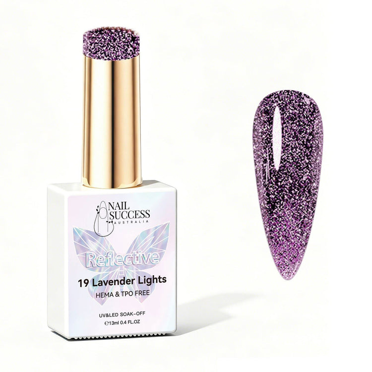 Nail Success Australia Lavender Lights reflective glitter gel polish bottle with glossy purple nail colour swatch