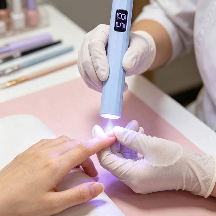USB-rechargeable LED nail torch used by a nail technician to flash cure a soft gel nail tip