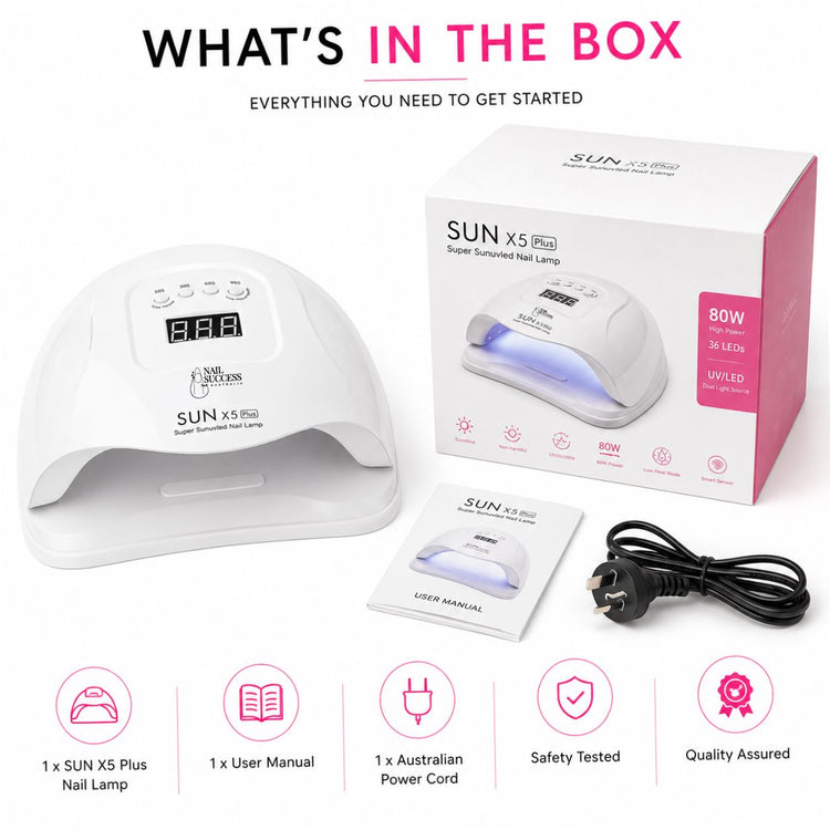 White 80W UV LED nail lamp kit with 36 LEDs, retail box, user manual and Australian power cord