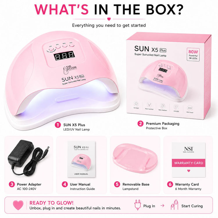 Pink 80W LED UV nail lamp kit with protective box, power adapter, user manual, removable base and warranty card