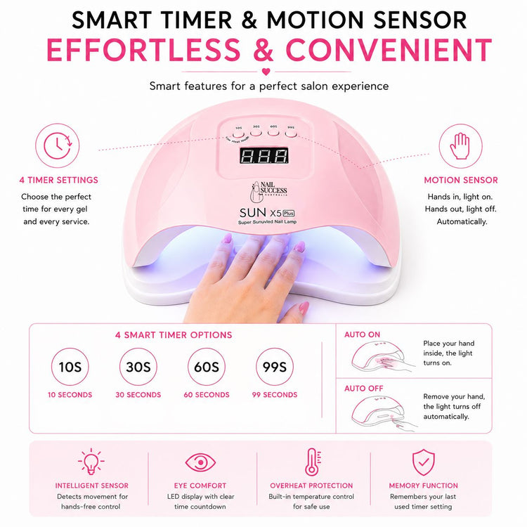 Pink 80W UV LED nail lamp with motion sensor and 10, 30, 60 and 99-second smart timer settings