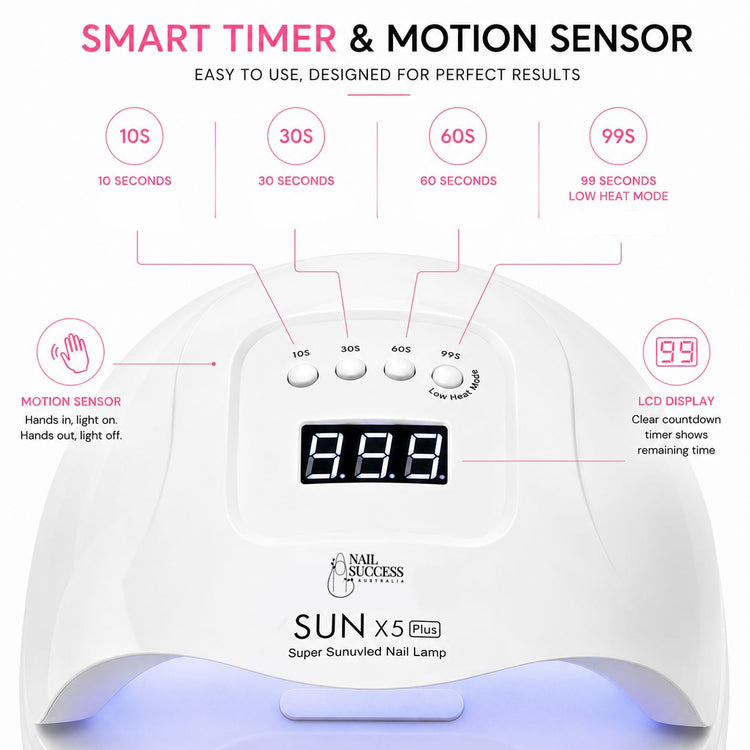 White 80W LED UV nail lamp with motion sensor, LCD display and 10, 30, 60 and 99-second timer settings
