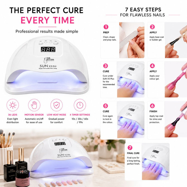 Seven-step gel manicure guide using an 80W LED UV nail lamp with motion sensor, low-heat mode and timer settings