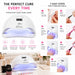Seven-step gel manicure guide using an 80W LED UV nail lamp with motion sensor, low-heat mode and timer settings