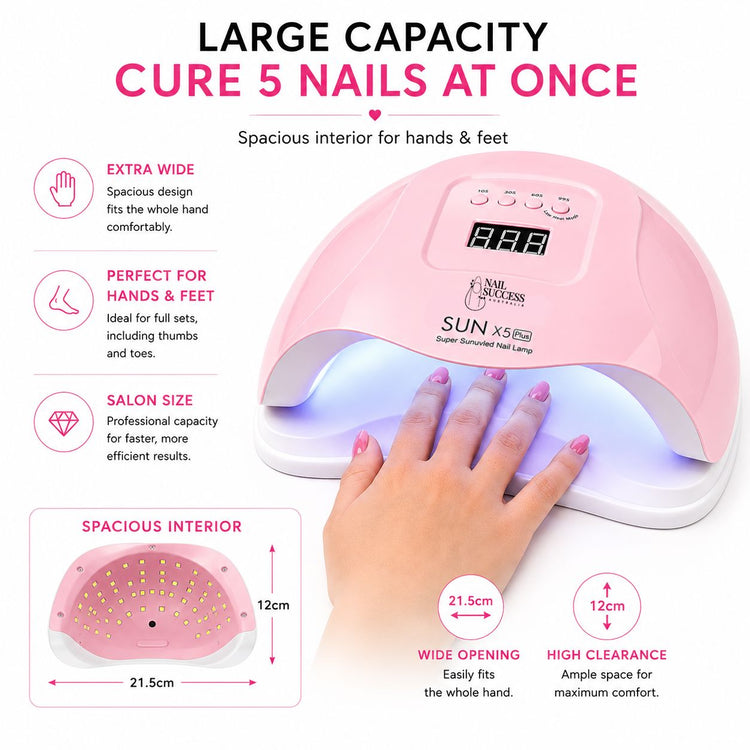 Large-capacity pink 80W UV LED nail lamp with wide opening for curing five fingernails or toenails at once