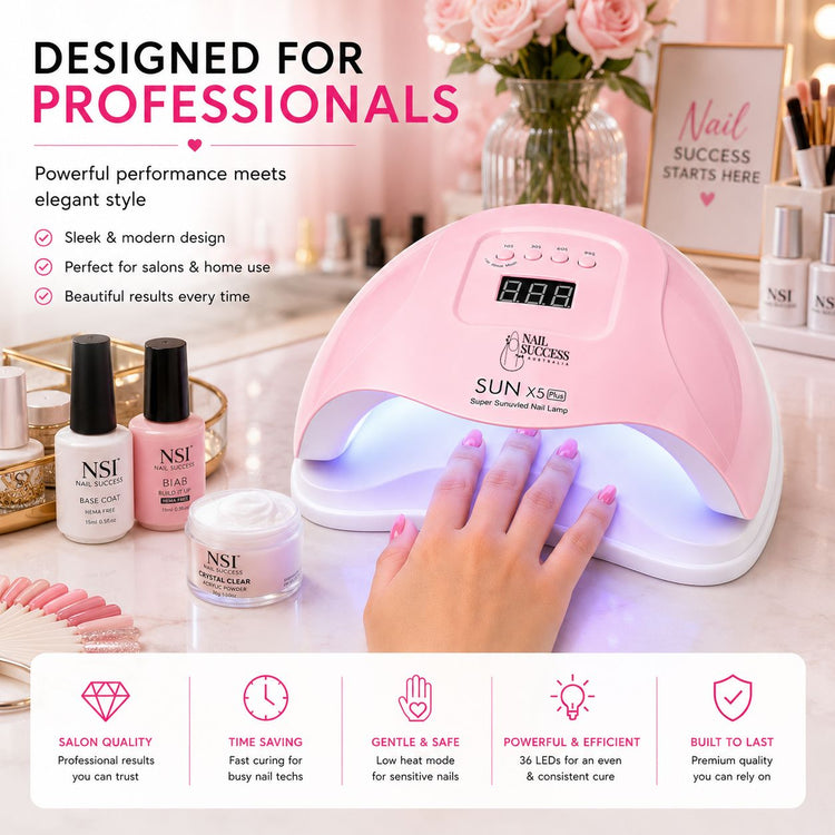 Professional pink 80W UV LED nail lamp with 36 LEDs curing gel nails in a salon setting