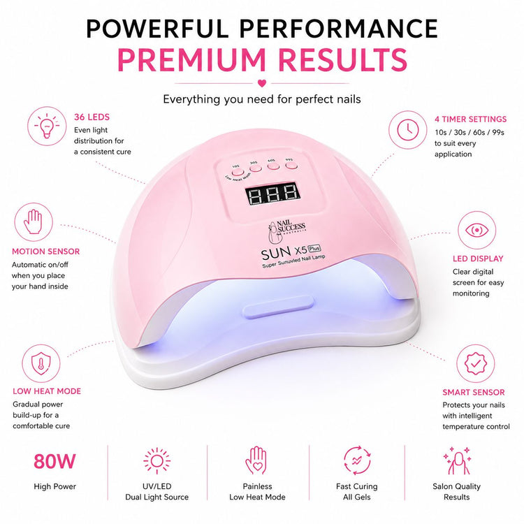 Pink 80W LED UV nail lamp with 36 LEDs, motion sensor, digital display, low-heat mode and four timer settings