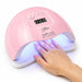 Pink 80W LED UV nail lamp with digital timer curing gel polish on a manicured hand