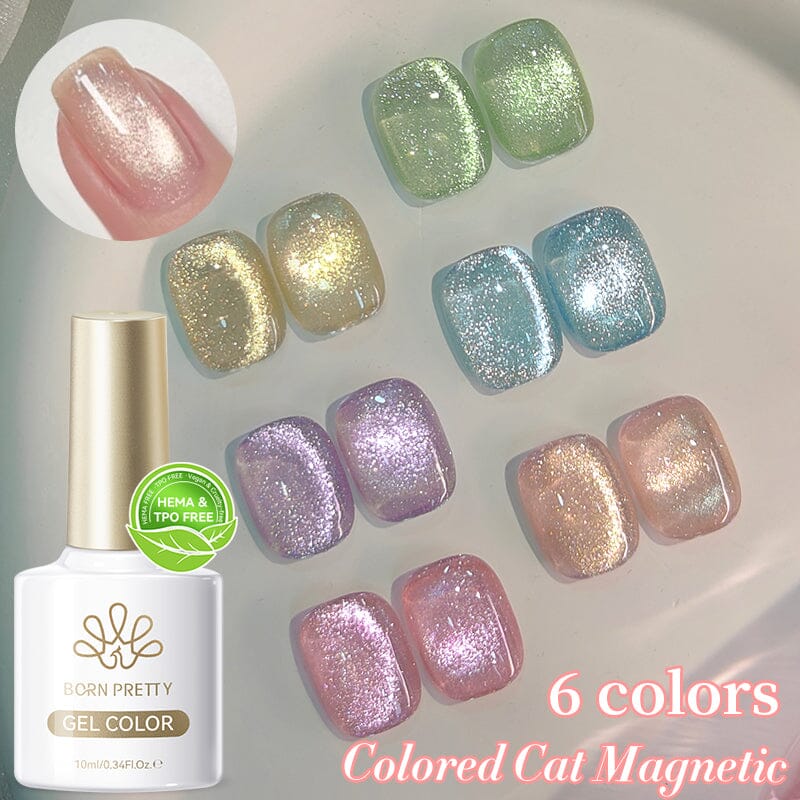 Born Pretty Colored Cat Magnetic Gel Polish – 6-color set swatches (champagne, gold, green, blue, purple, rose pink) with gel bottle