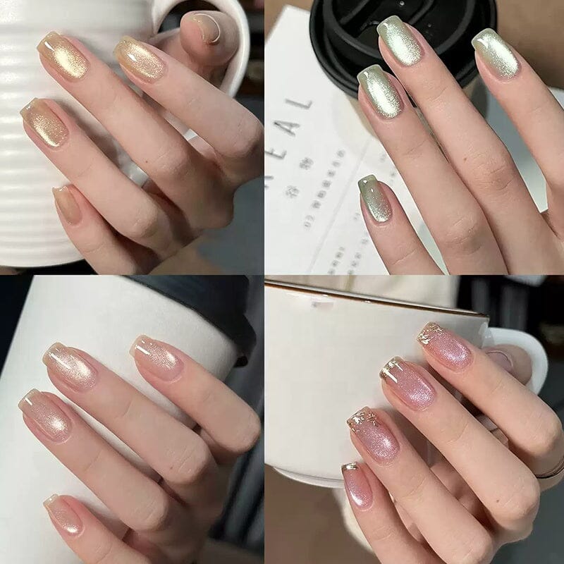 Born Pretty Light Flow Cat Eye Magnetic Gel Polish manicure collage – shimmering champagne gold, sage green, nude pink and rose pink cat eye nails with reflective pearlescent finish