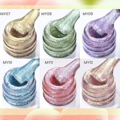 Born Pretty Light Flow Cat Eye Magnetic Gel Polish swatches MY07–MY12 in open jars – shimmering gold, green, purple, blue, rose pink and champagne glitter gels