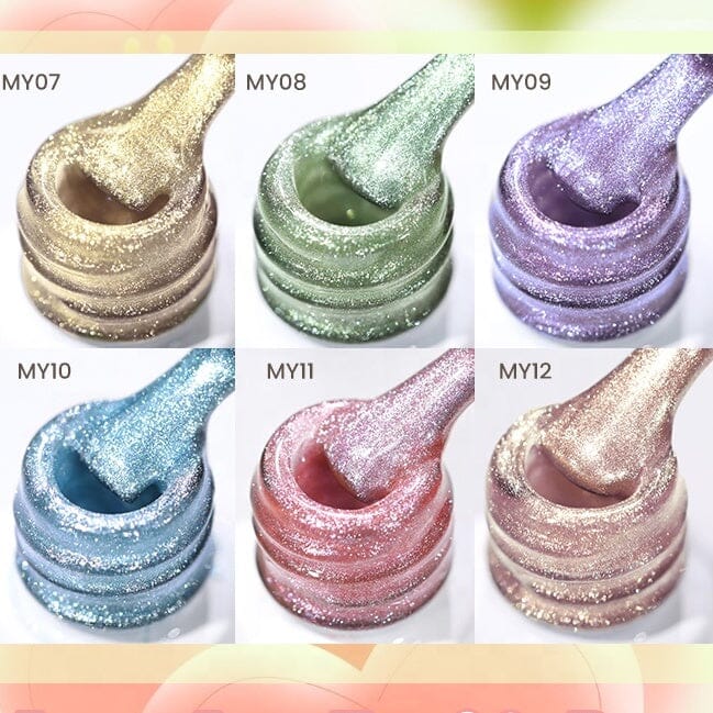 Born Pretty Light Flow Cat Eye Magnetic Gel Polish swatches MY07–MY12 in open jars – shimmering gold, green, purple, blue, rose pink and champagne glitter gels