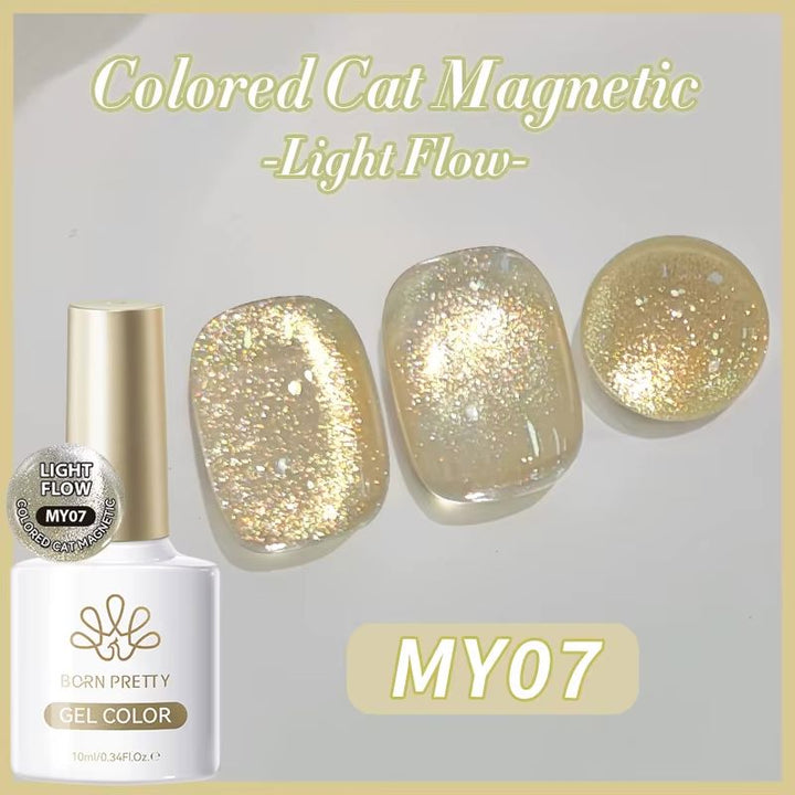 Born Pretty Light Flow Colored Cat Eye Magnetic Gel Polish MY07 – champagne gold shimmer cat-eye effect with swatch tips