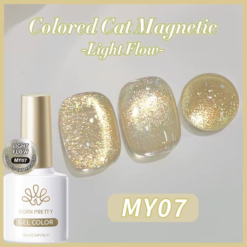 Born Pretty Light Flow Colored Cat Eye Magnetic Gel Polish MY07 – champagne gold shimmer cat-eye effect with swatch tips